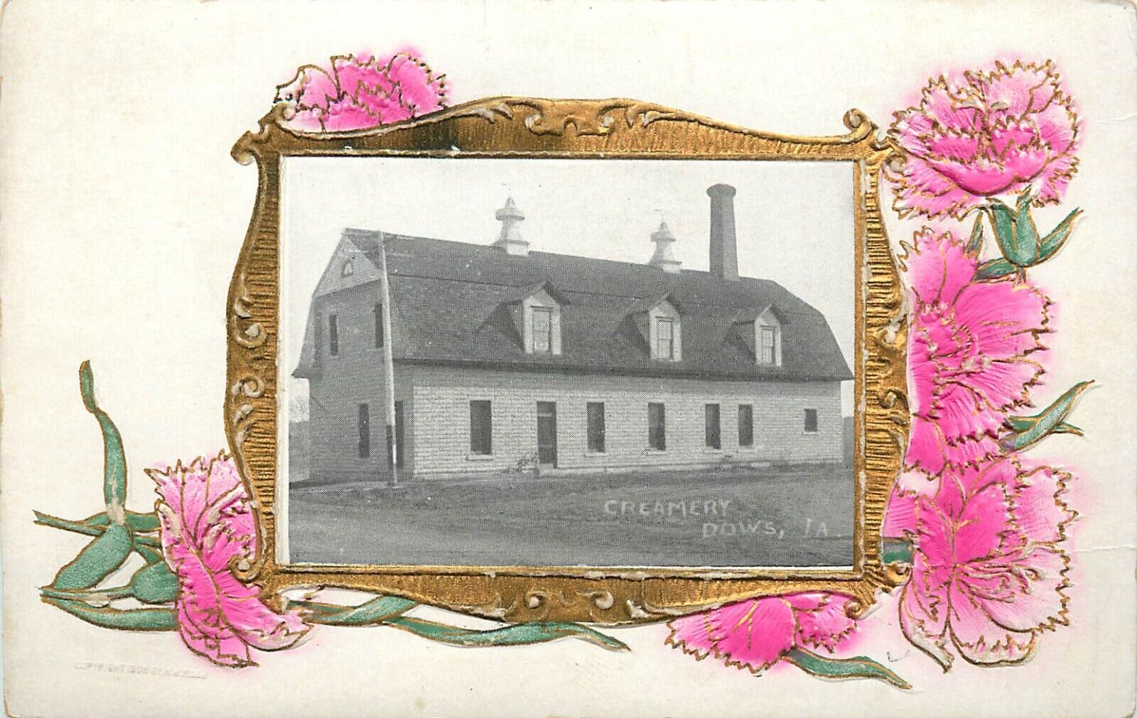 c1908 Postcard; Creamery, Dows IA, Embossed Floral Vignette, Unposted