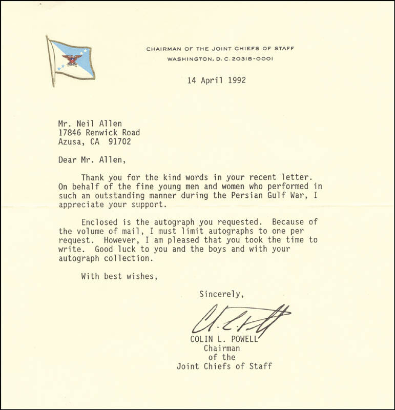 COLIN L. POWELL - TYPED LETTER SIGNED 04/14/1992