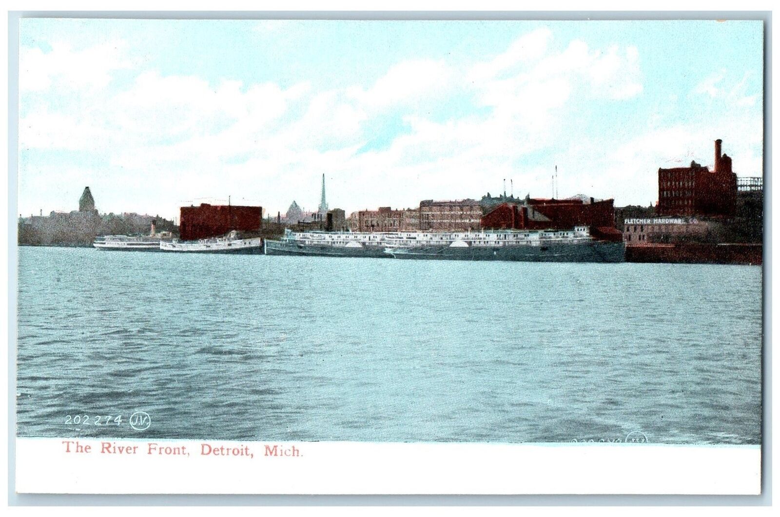 c1920's The River Front Harbor Ships Docking Detroit Michigan Vintage Postcard
