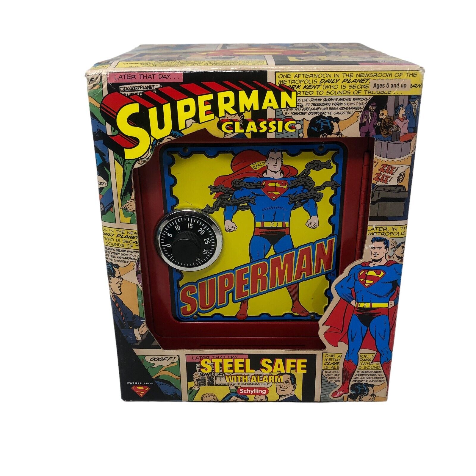 VTG NIB Schylling Superman Red Steel Safe with Alarm 2001 DC Comics