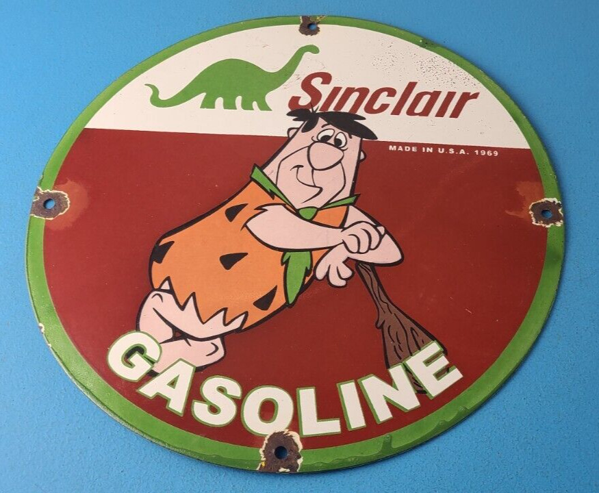 Vintage Sinclair Gasoline Sign - Flintstones Cave Man Porcelain Gas Pump Sign