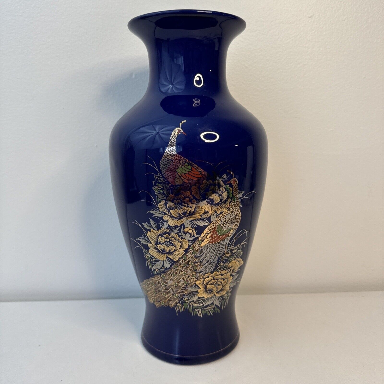 Large Cobalt Blue Porcelain Vase Gold Peacock, Hen & Flowers Japan Marked 13”