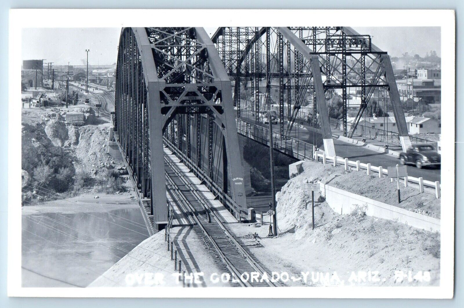 Yuma Arizona AZ Postcard RPPC Photo Over The Colorado Bridge Cars Scene Route 66