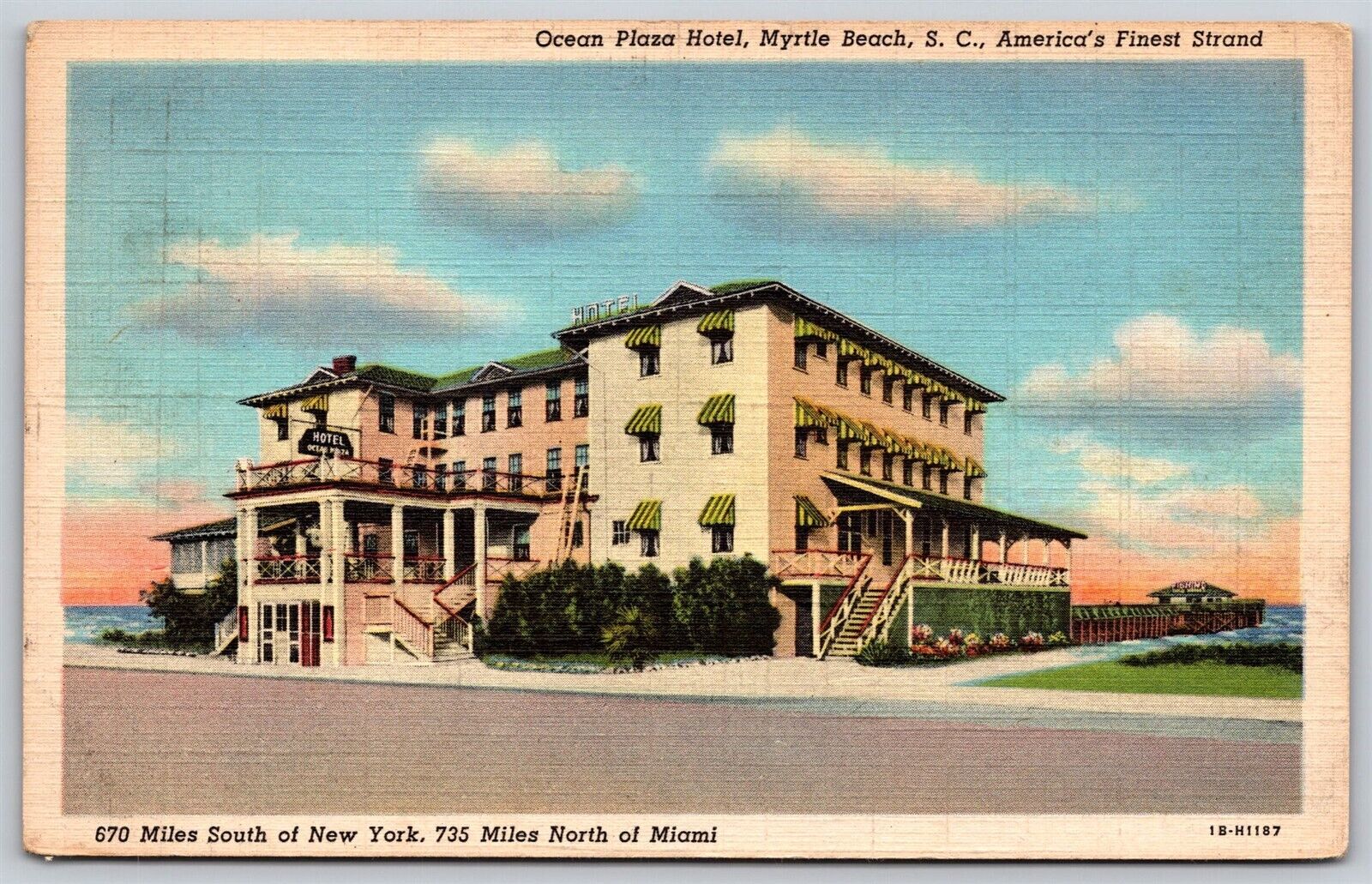 Postcard Ocean Plaza Hotel, Myrtle Beach SC linen C66