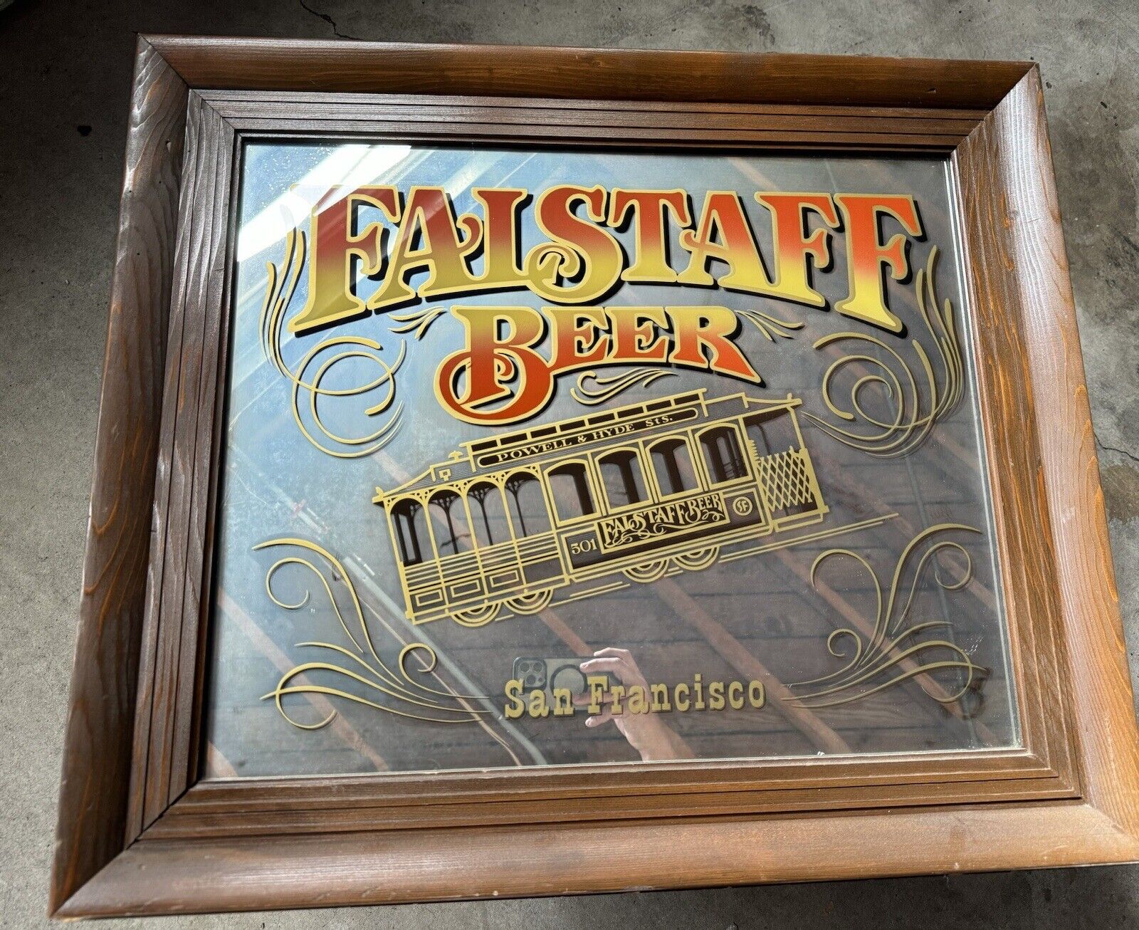 Very Rare Vintage Falstaff Beer Mirror Sign with Cable Car  Large 30x26
