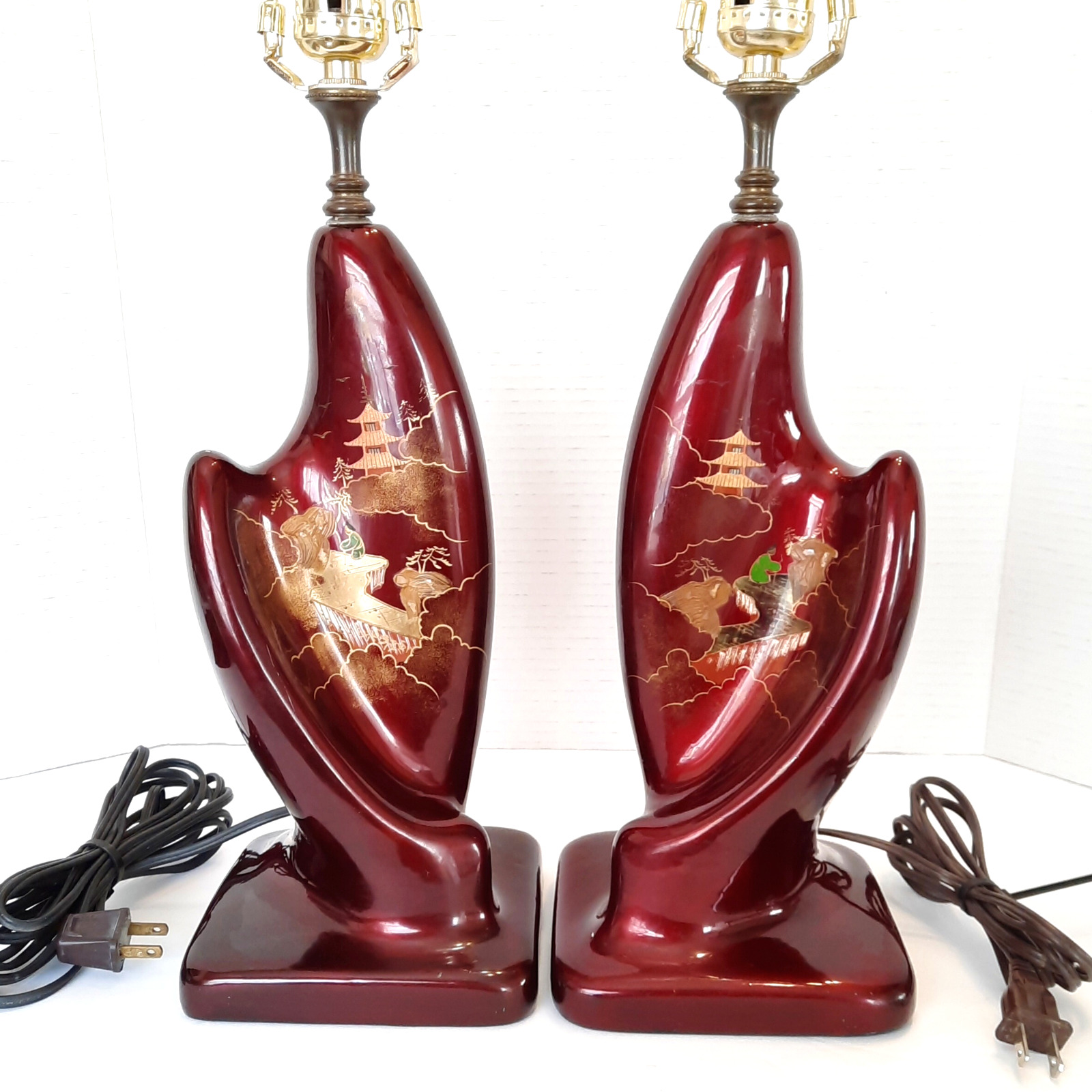 Japanese MCM Red Lacquer Lamps Pair RARE Vintage GrannyCore Handpainted WORKING