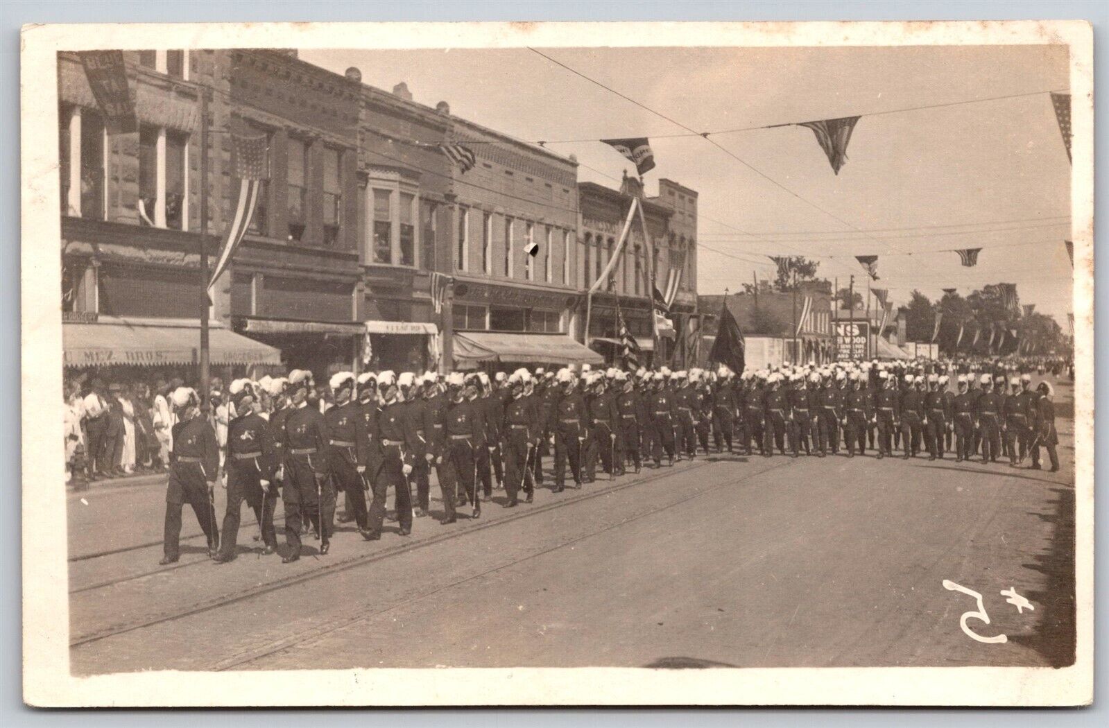 Postcard Military Parade (Veterans?) Street Scene RPPC T111