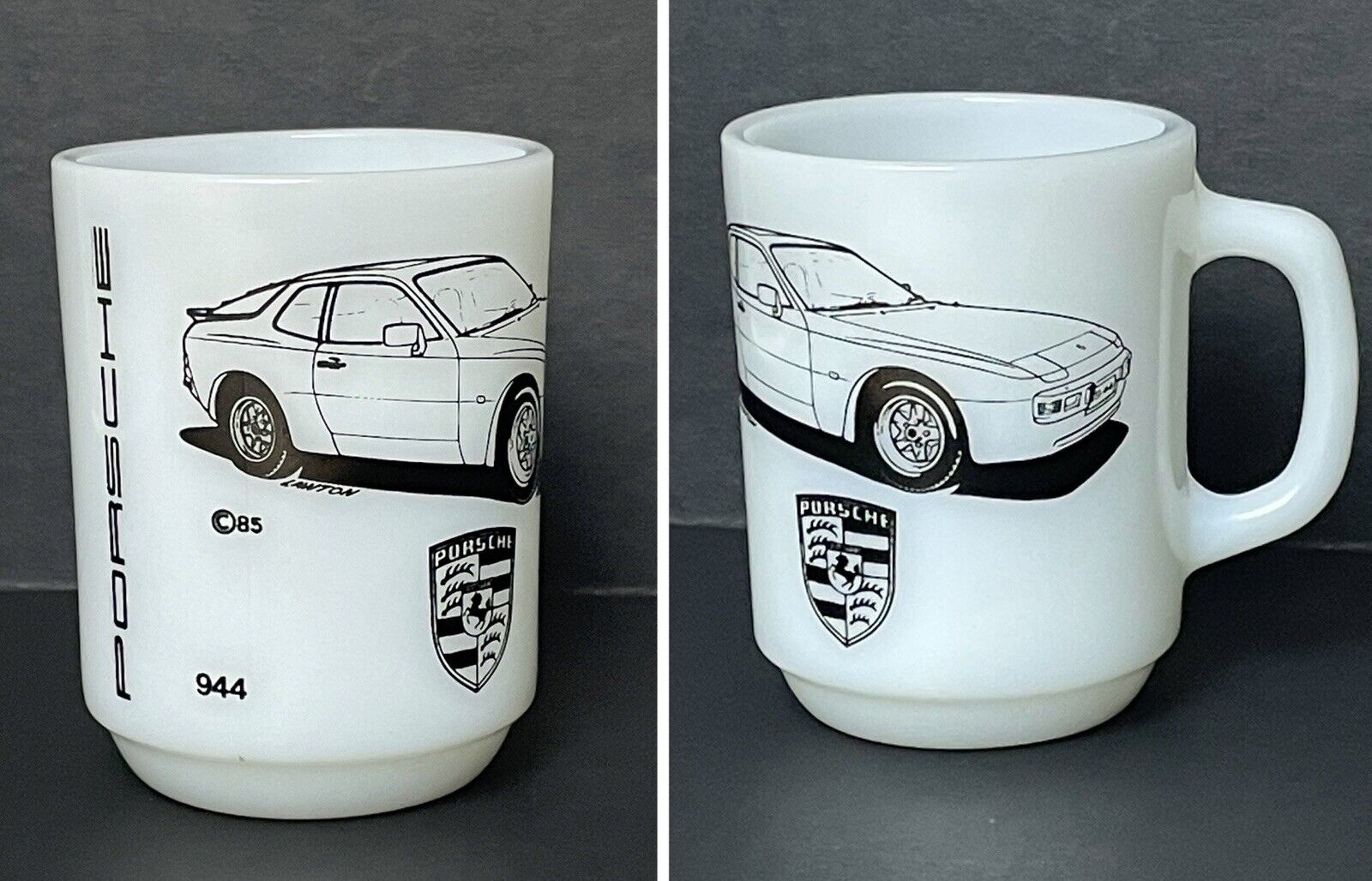 Vintage Rare Porsche 944 Sports Car Anchor Hocking Milk Glass Mug USA - Unused