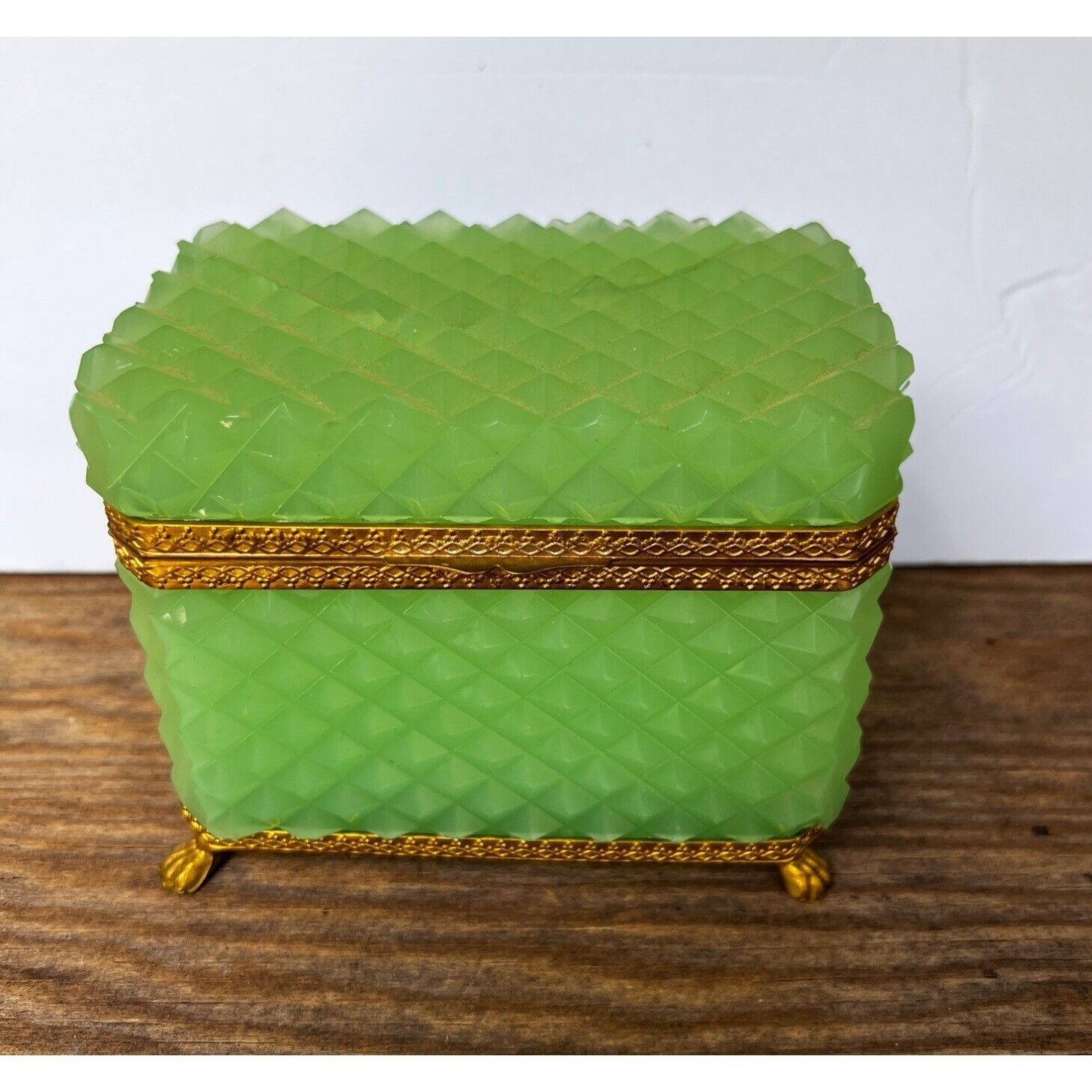 Antique Green Colored Bohemian Crystal Box casket Hinged Lid and Footed pedestal