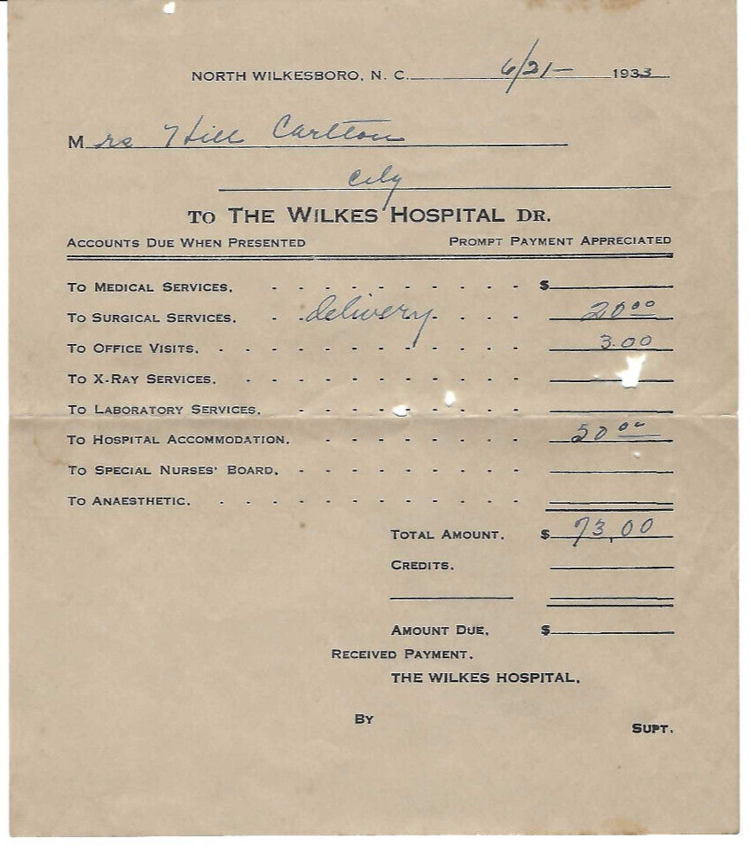 VINTAGE 1933 BILL FOR BABY DELIVERY $73 WILKES HOSPITAL NORTH, WILKESBORO, NC