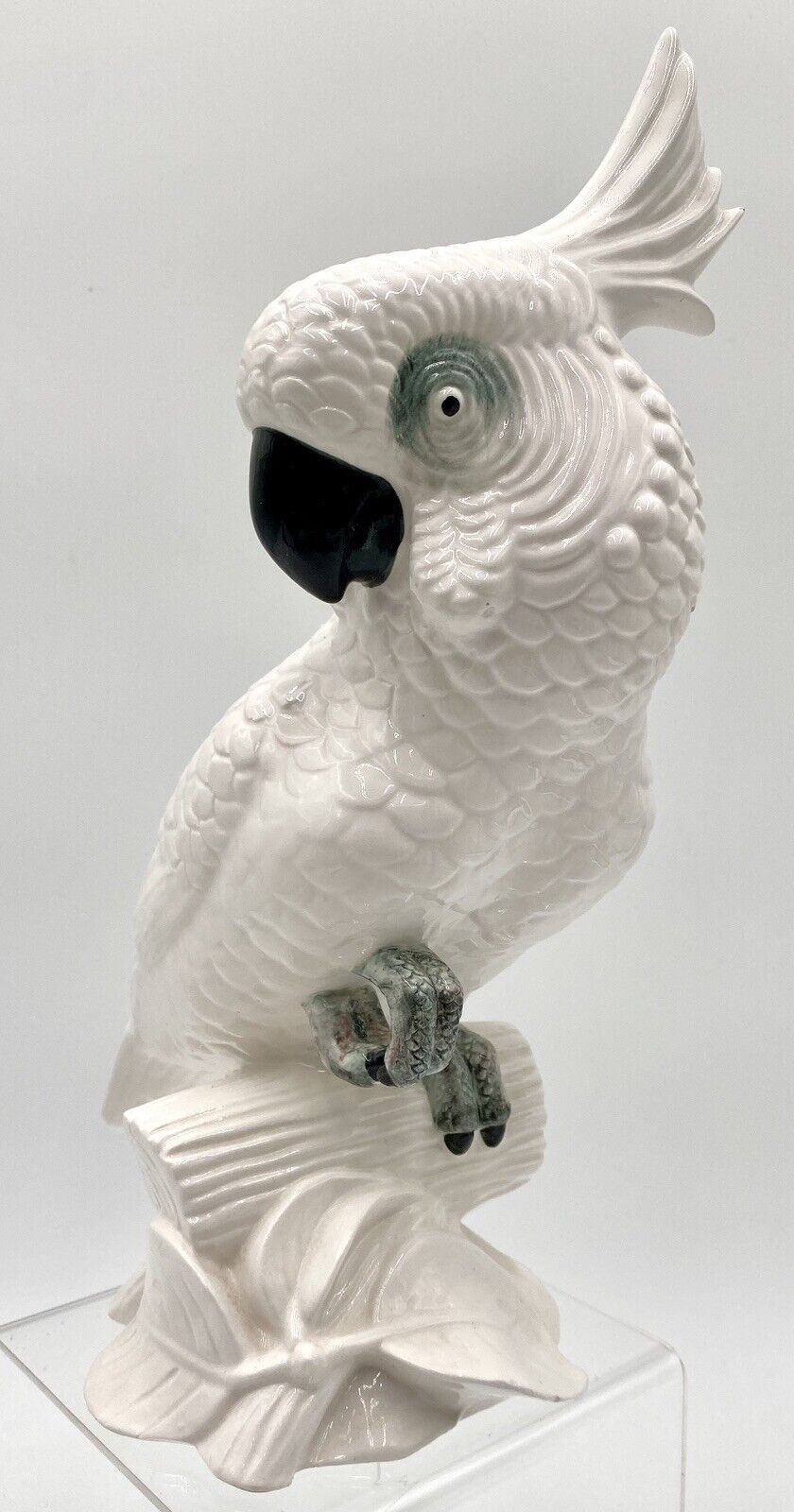 Vintage Ceramic Cockatoo On Branch Figurine 11 1/2” Tall Glazed Retro Bird