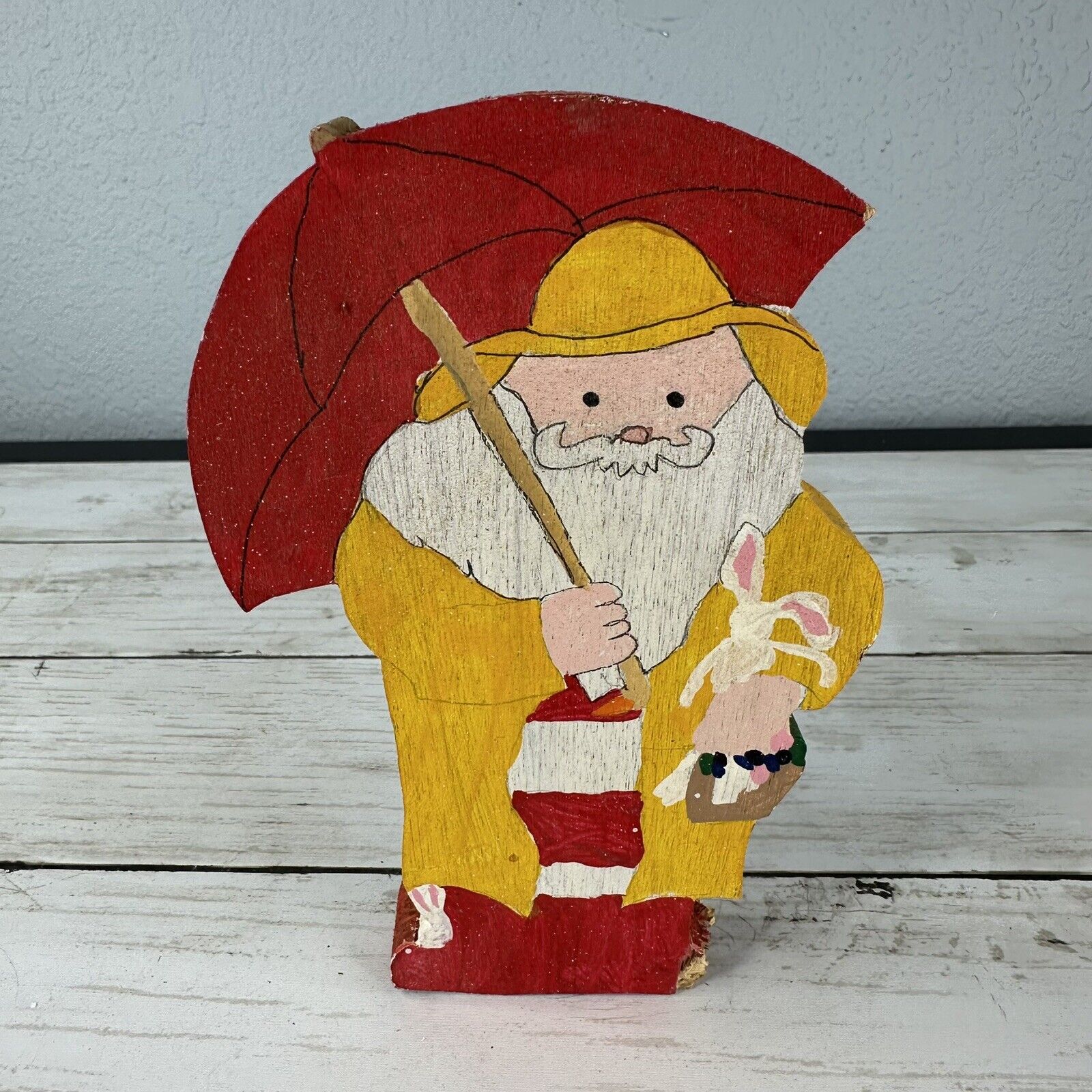 VTG Hand Painted Wood Santa Christmas Decor Folk Art Figurine April Showers