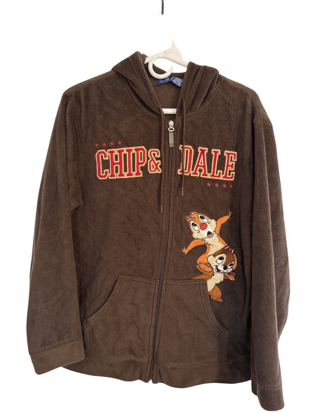 Disney Men’s Large Embroidered Chip And Dale Zip-Up Hoodie Jacket Brown Vintage