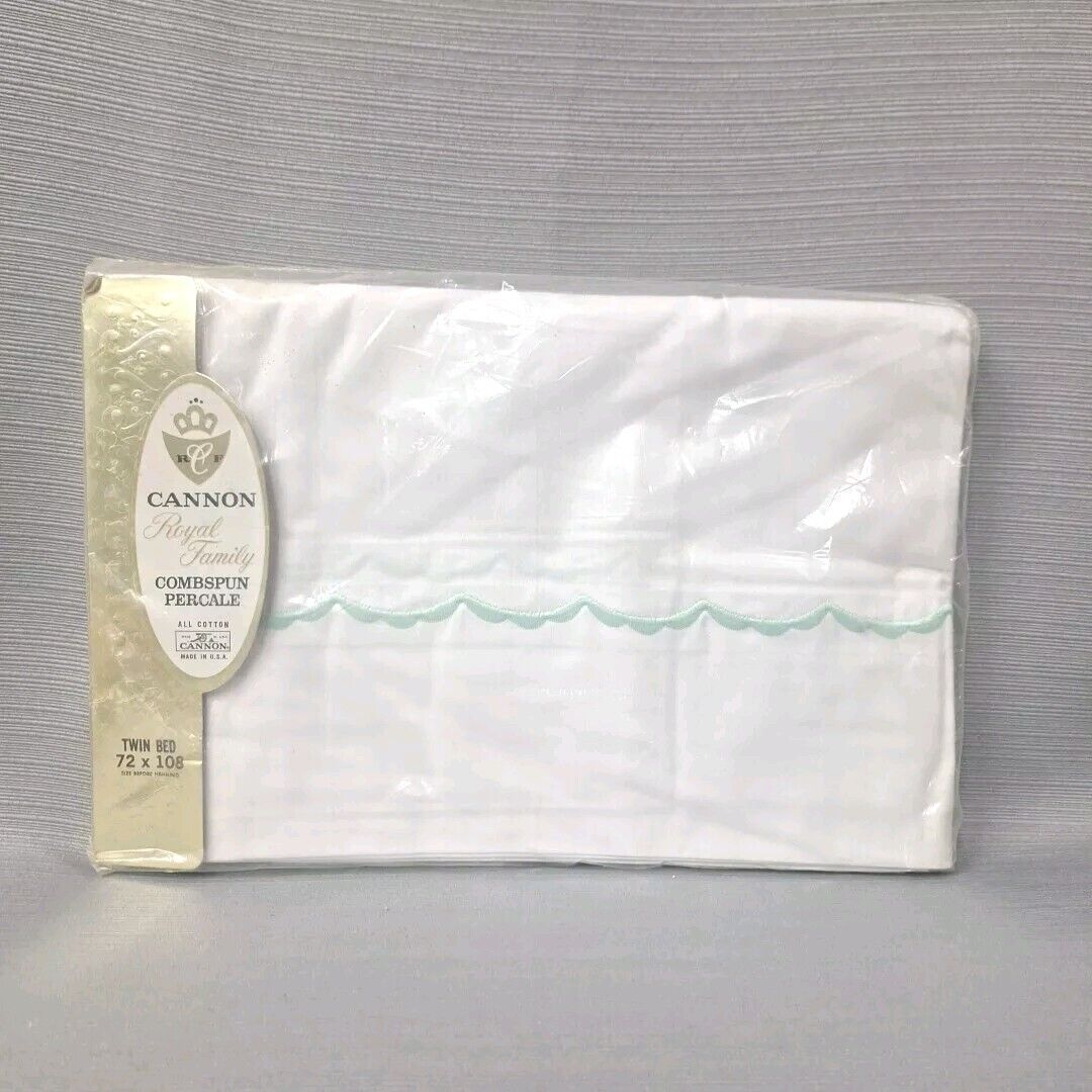 Vintage Cannon Flat Sheet Green Scalloped Trim Twin Royal Family Percale