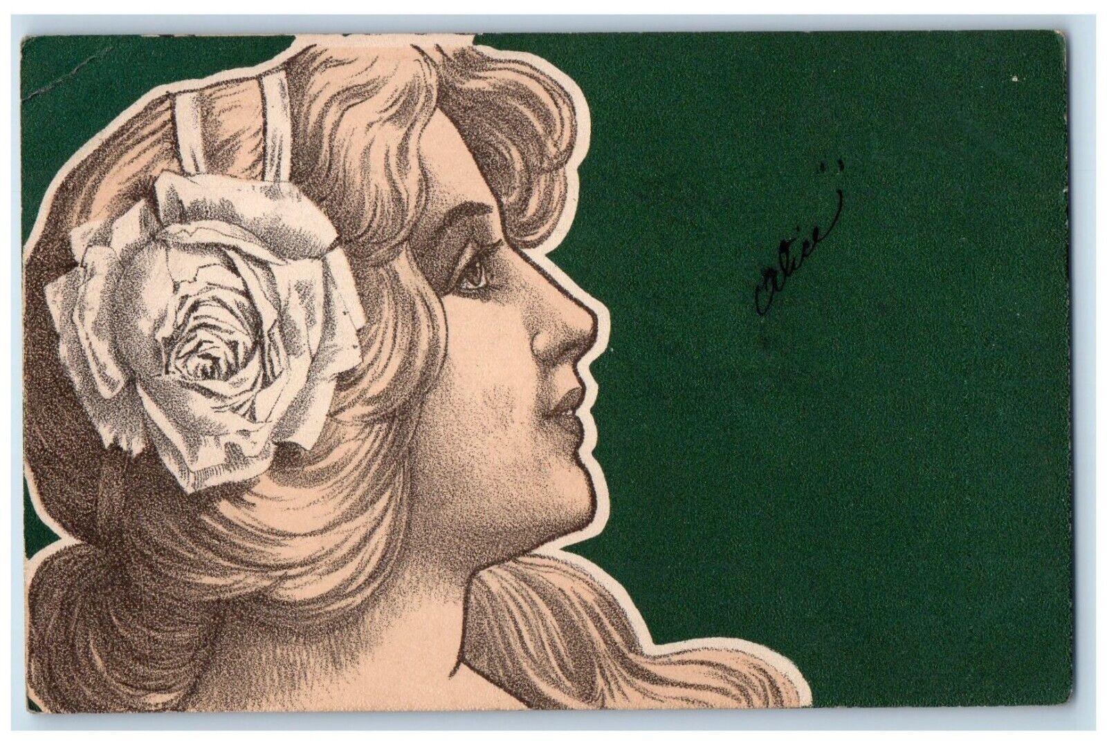 1903 Pretty Woman Curly Hair Flowers Fantasy Liege Germany Antique Postcard
