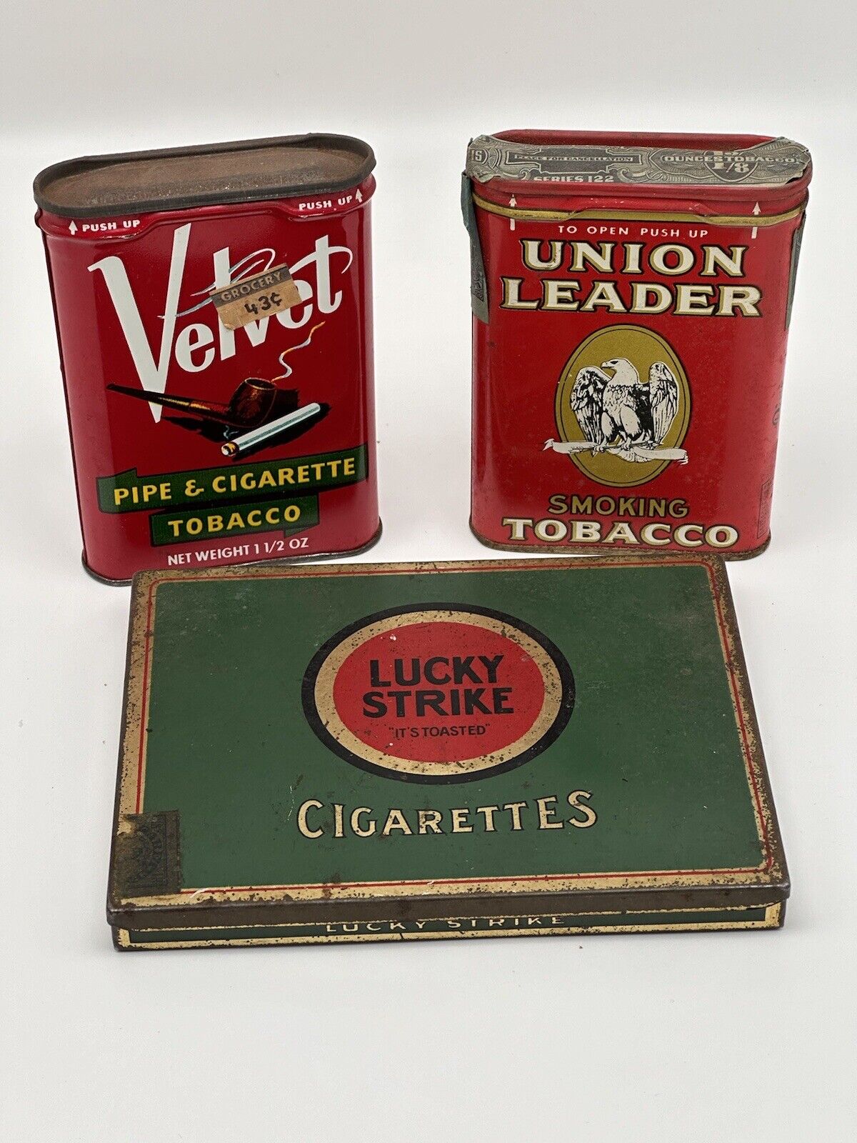 Three Empty Vintage Tobacco/Cigarette Tins Velvet Union Leader and Lucky Strike