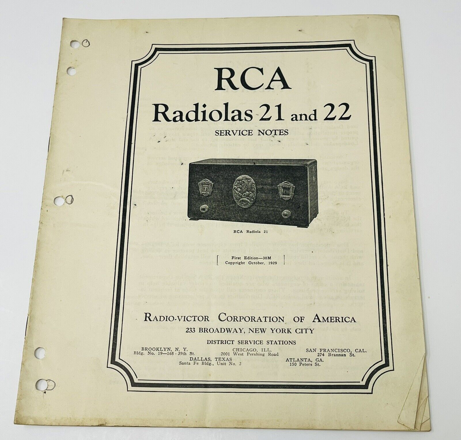 1929 RCA Radiola 21 & 22 Service Notes Repair Manual Part Schematic Instruction