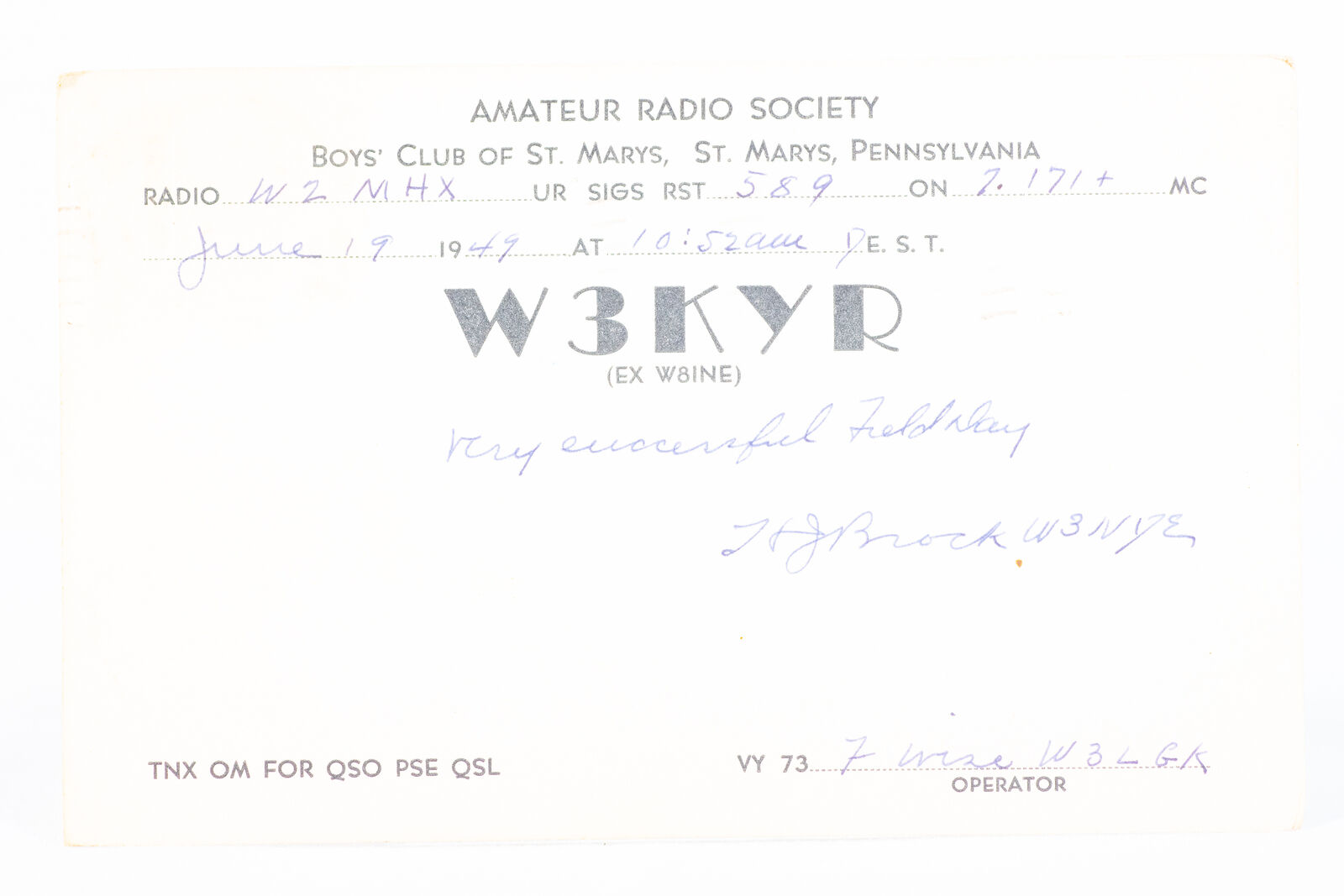 1949 Radio QSL Card St Marys PA W3KYR Boys Club St Marys Amature Radio Society