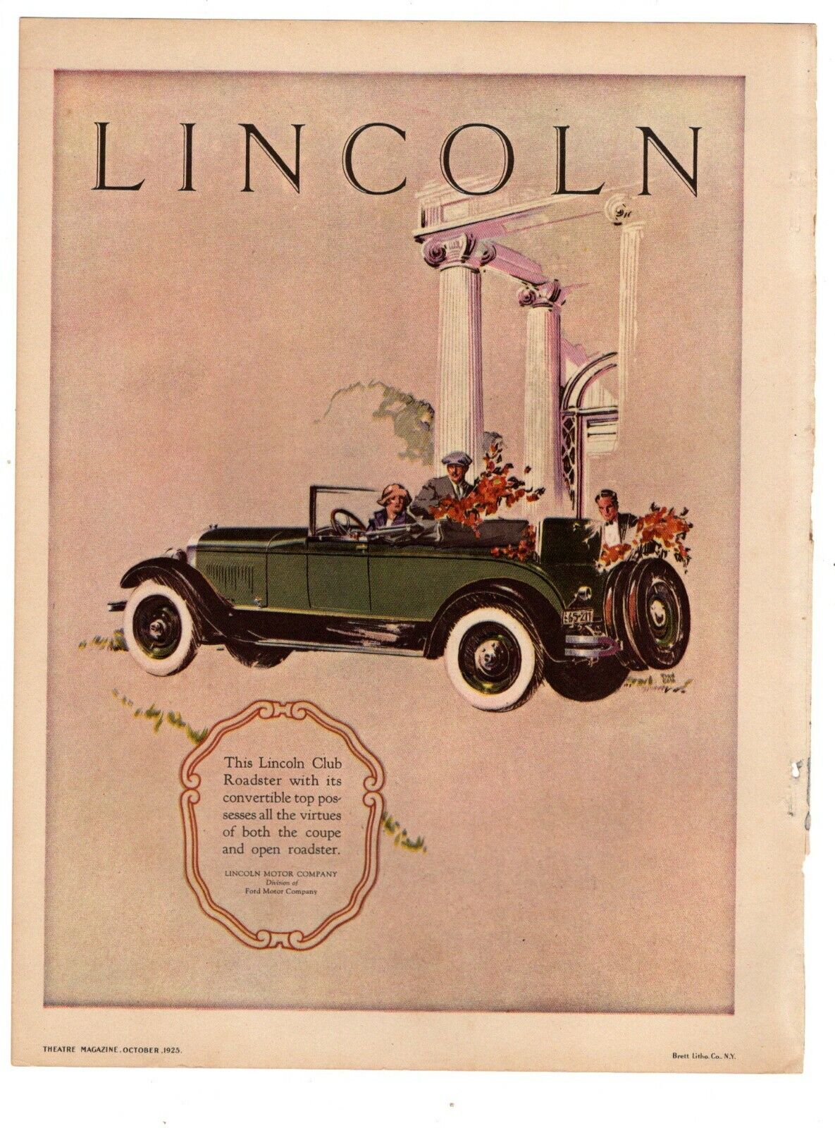 1925 Lincoln Club roadster original ad - from Theatre Magazine 