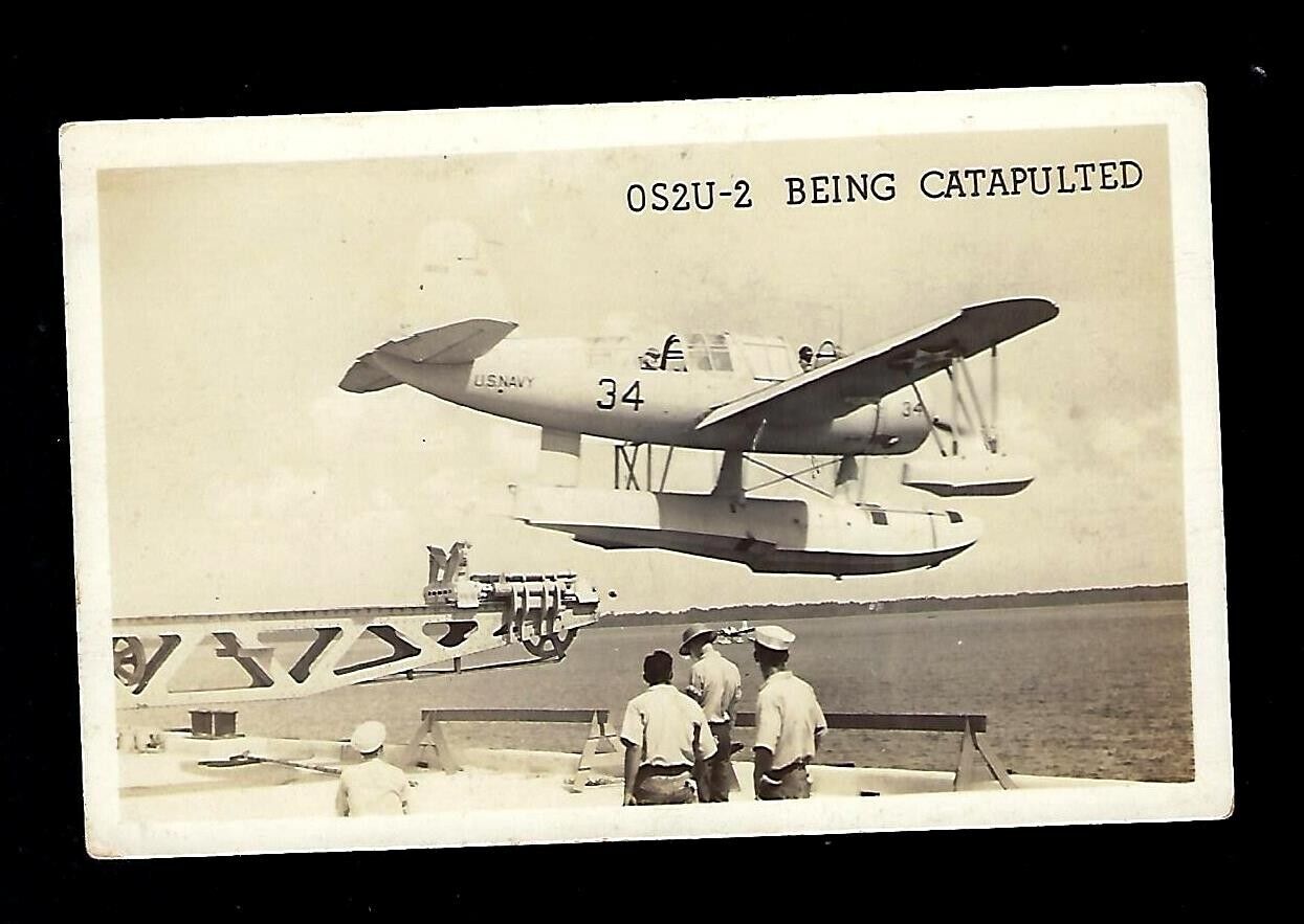 1943 Aviation RPPC Postcard US Coast Guard Patrol Plane OS2U-2 Being Catapulted