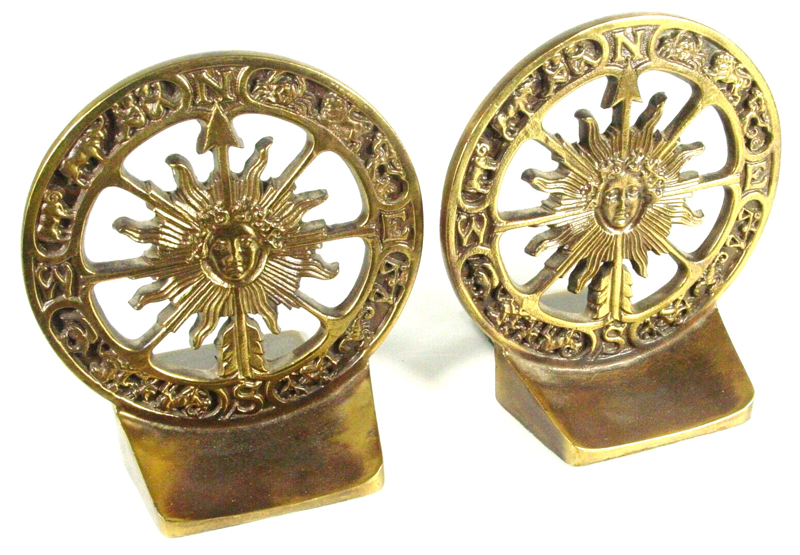 Pair of Bookends Vintage Brass Zodiac Sundial Compass