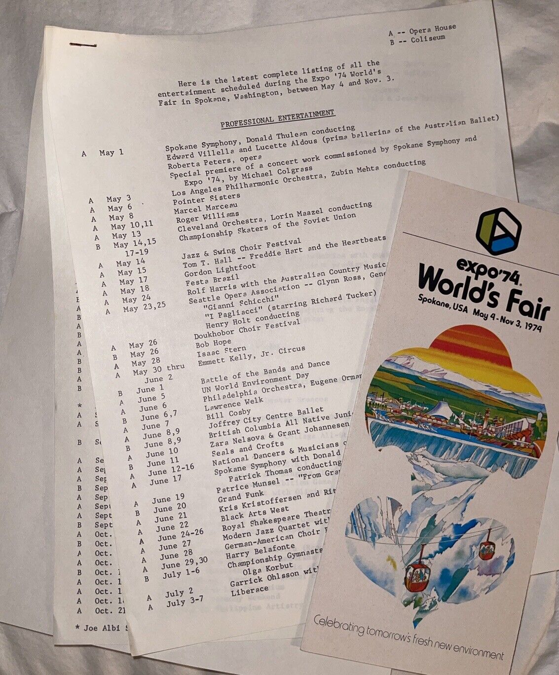 1974 worlds fair Spokane WA original Professional Entertainment Schedules Etc