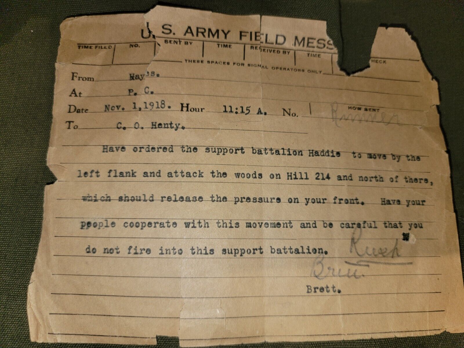 WWI US Army Field Message Giving Orders to Commanding Officer Henty SCARCE