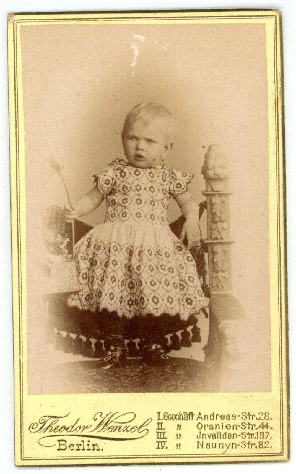 Antique CDV Circa 1870\'S Adorable Little Child in Dress Wenzel Berlin Germany
