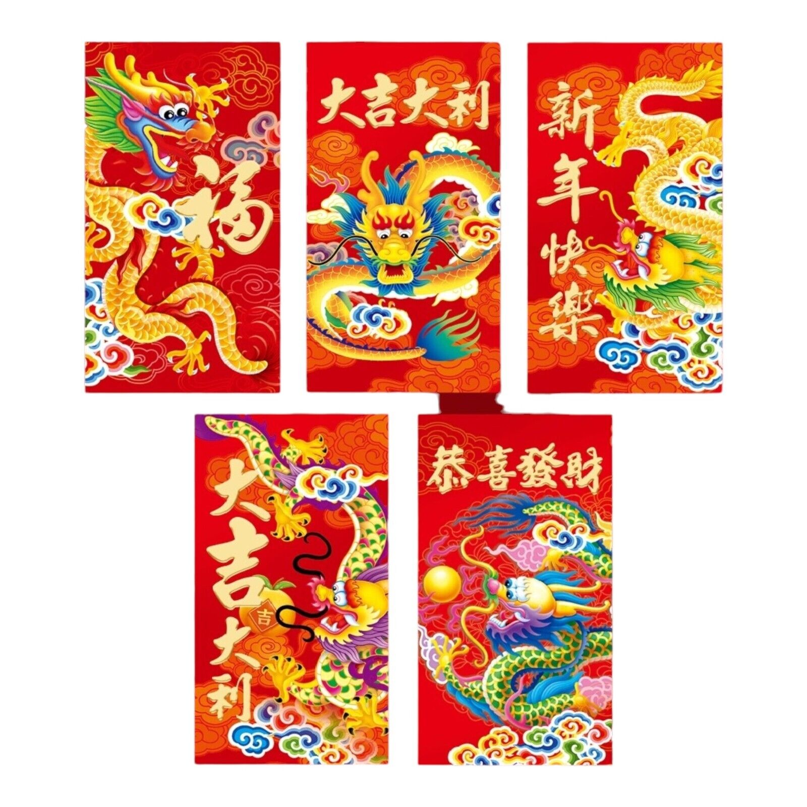 5 PCS 2024 Big Chinese Dragon Lunar New Year Lucky Red Hong Bao Money Envelopes