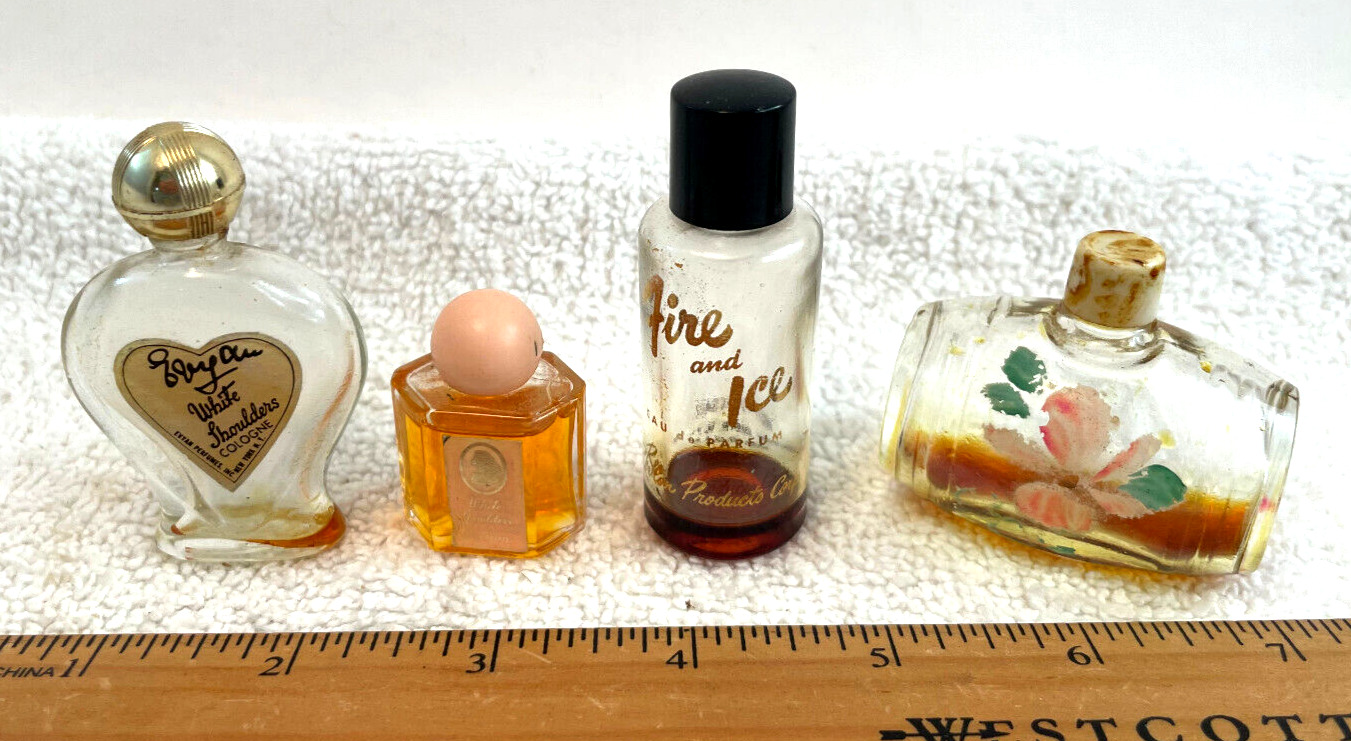 4 Vtg Mini Glass Perfume Bottles White Shoulders Fire & Ice Handpainted Barrel