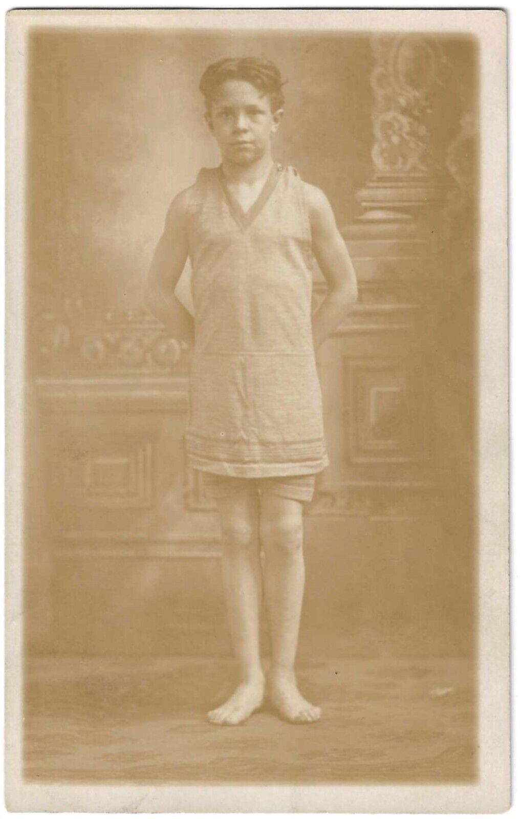 Vintage RPPC Young Boy Wearing Bathing Suit & Bare Feet Photo Postcard