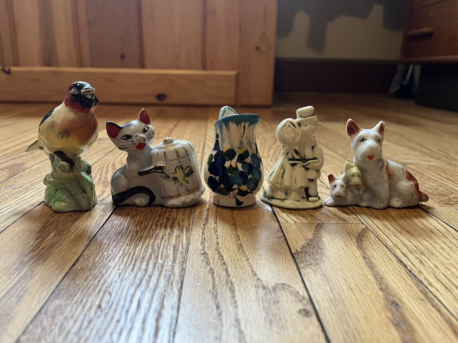 Vintage Japan Ceramic Figures Lot, Bird, Cat, Dog, Pitcher, Kitschy, Trinkets