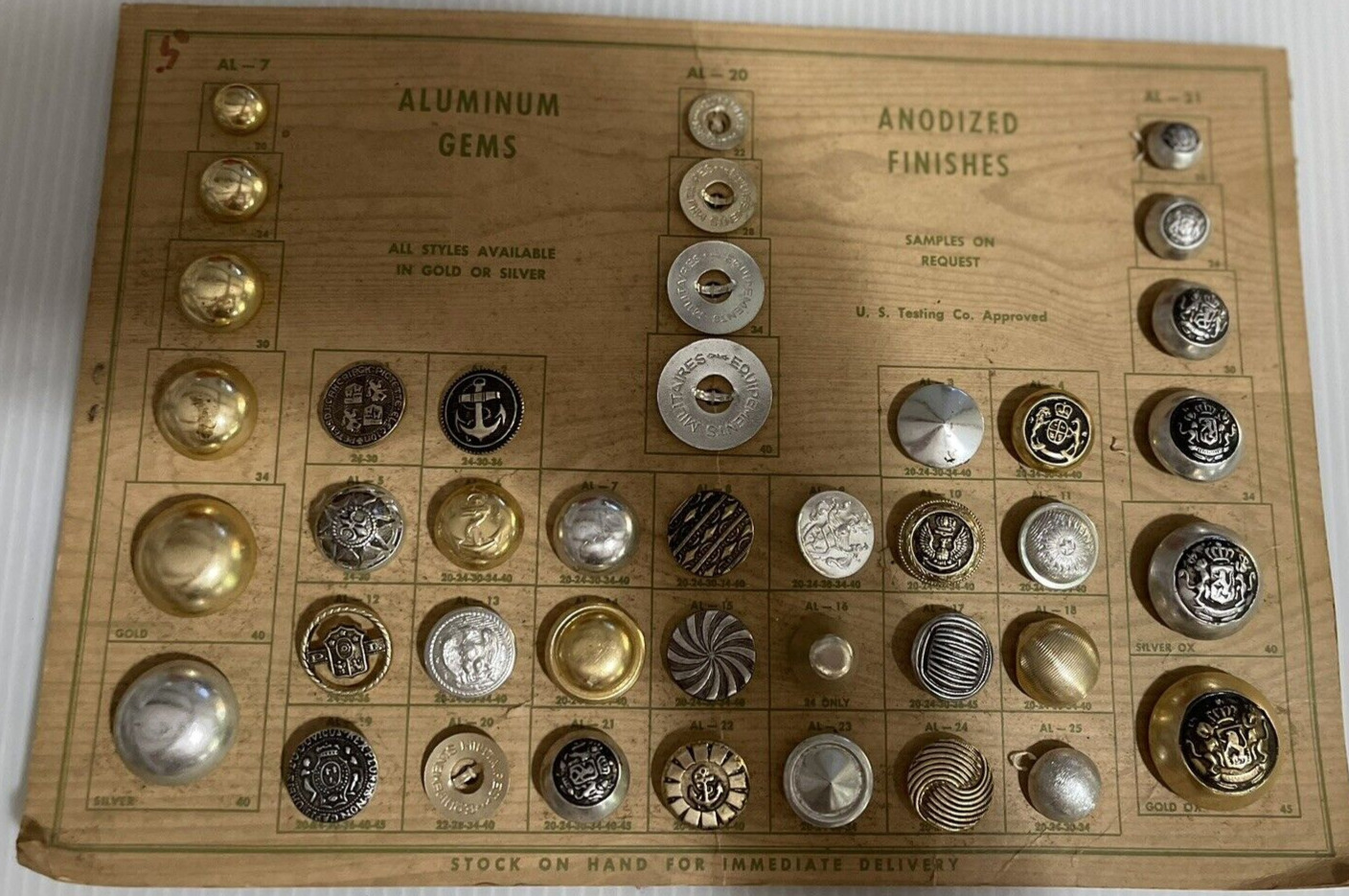 Vtg Salesman Sample 41 Buttons Card Aluminum & Anodized Silver Gold
