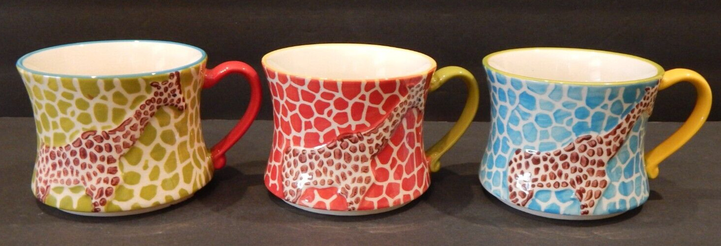 Pier 1 Imports Set of 3 Hand Painted Giraffe Print Coffee Tea Mug Cups - 12 oz.