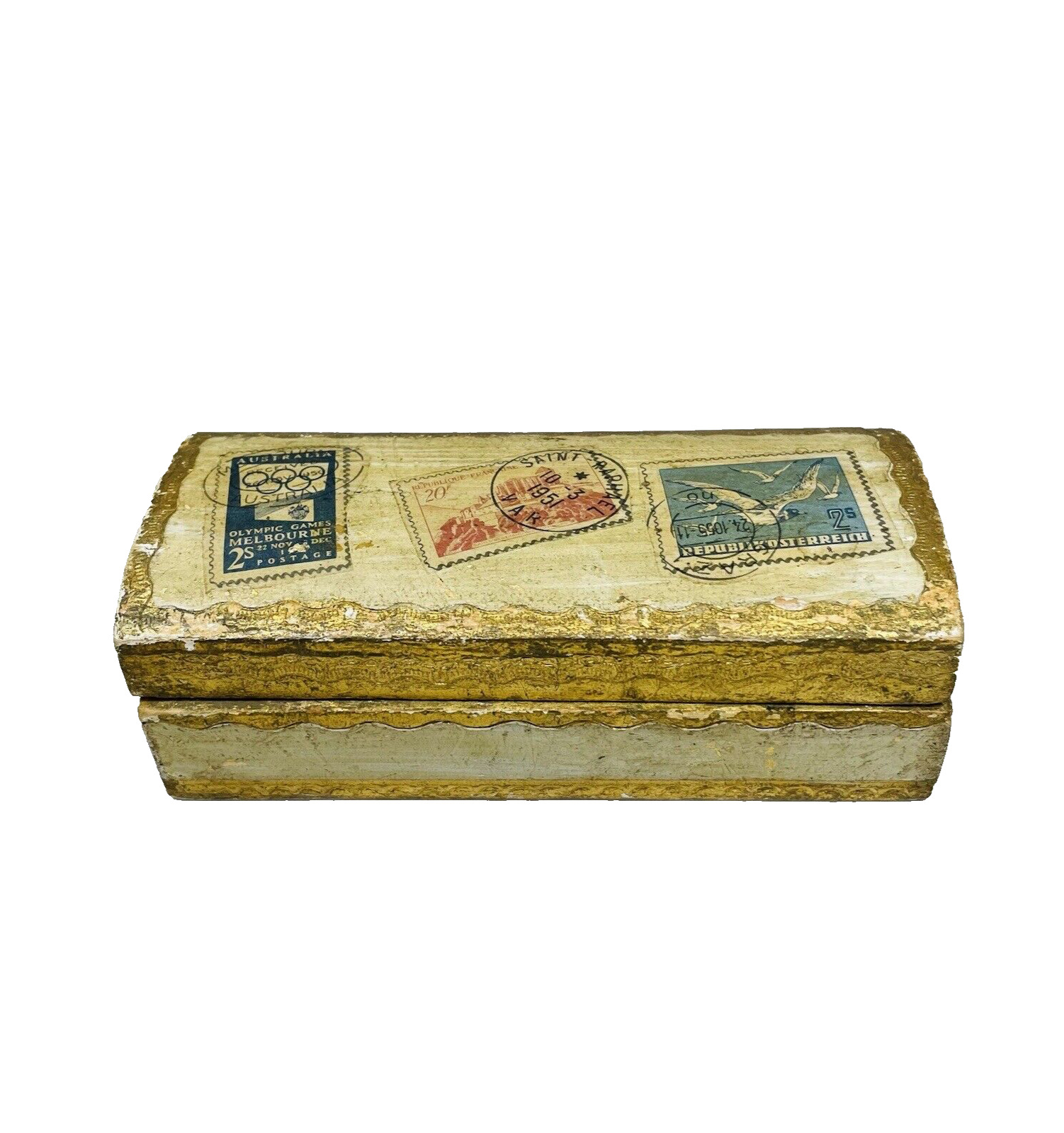 Vintage Italian Florentine Gold Gilt Postage Stamp Box Desk Dome Hinged Lid