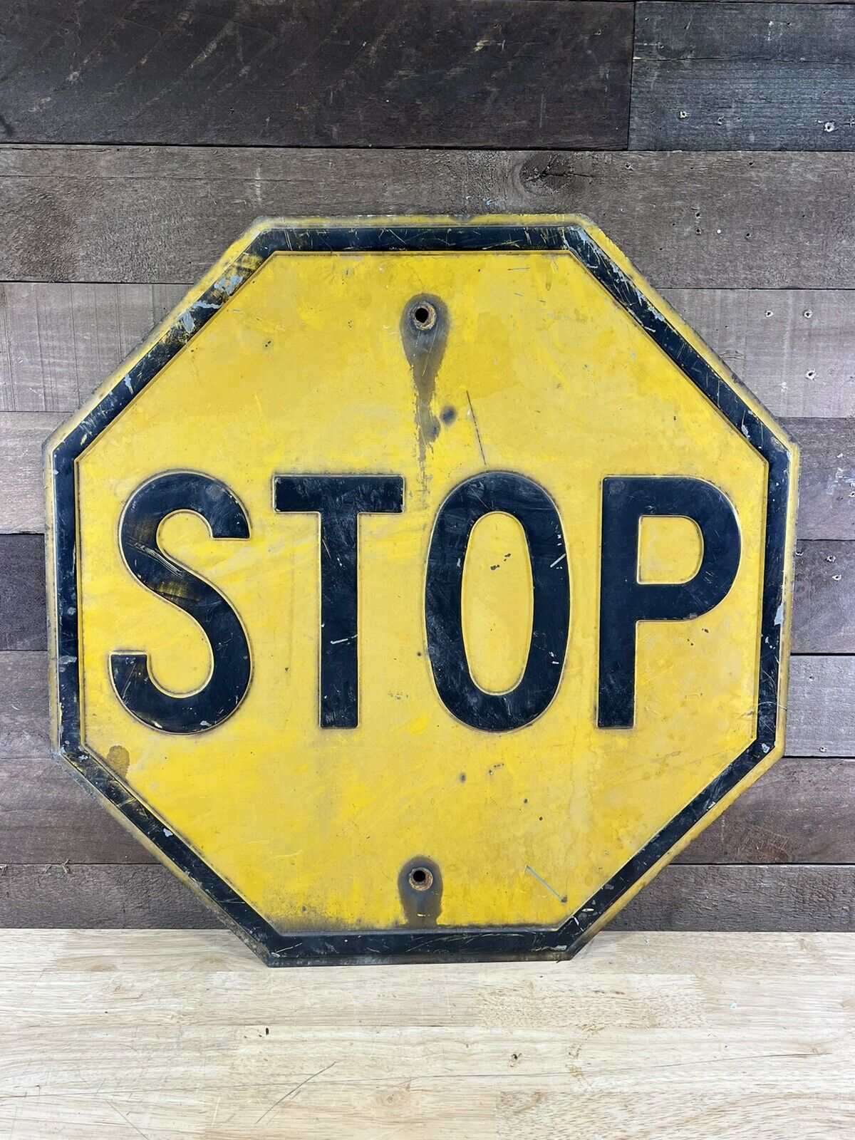 Vintage Heavy Metal Embossed Black On Yellow Stop Sign