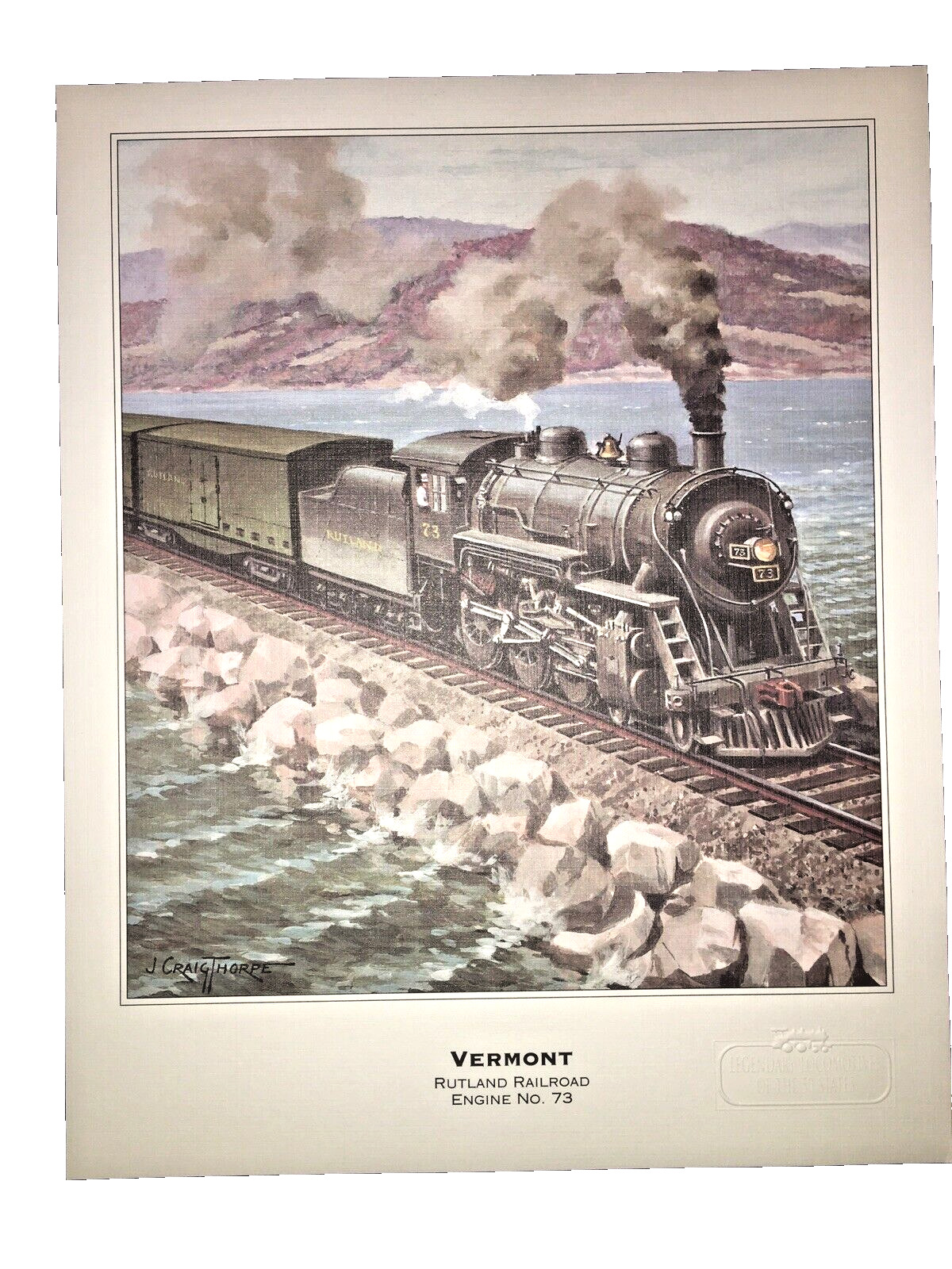 Vintage  Rutland Railroad Engine No.73 Art Print From Vermont to Ogdensburg, NY