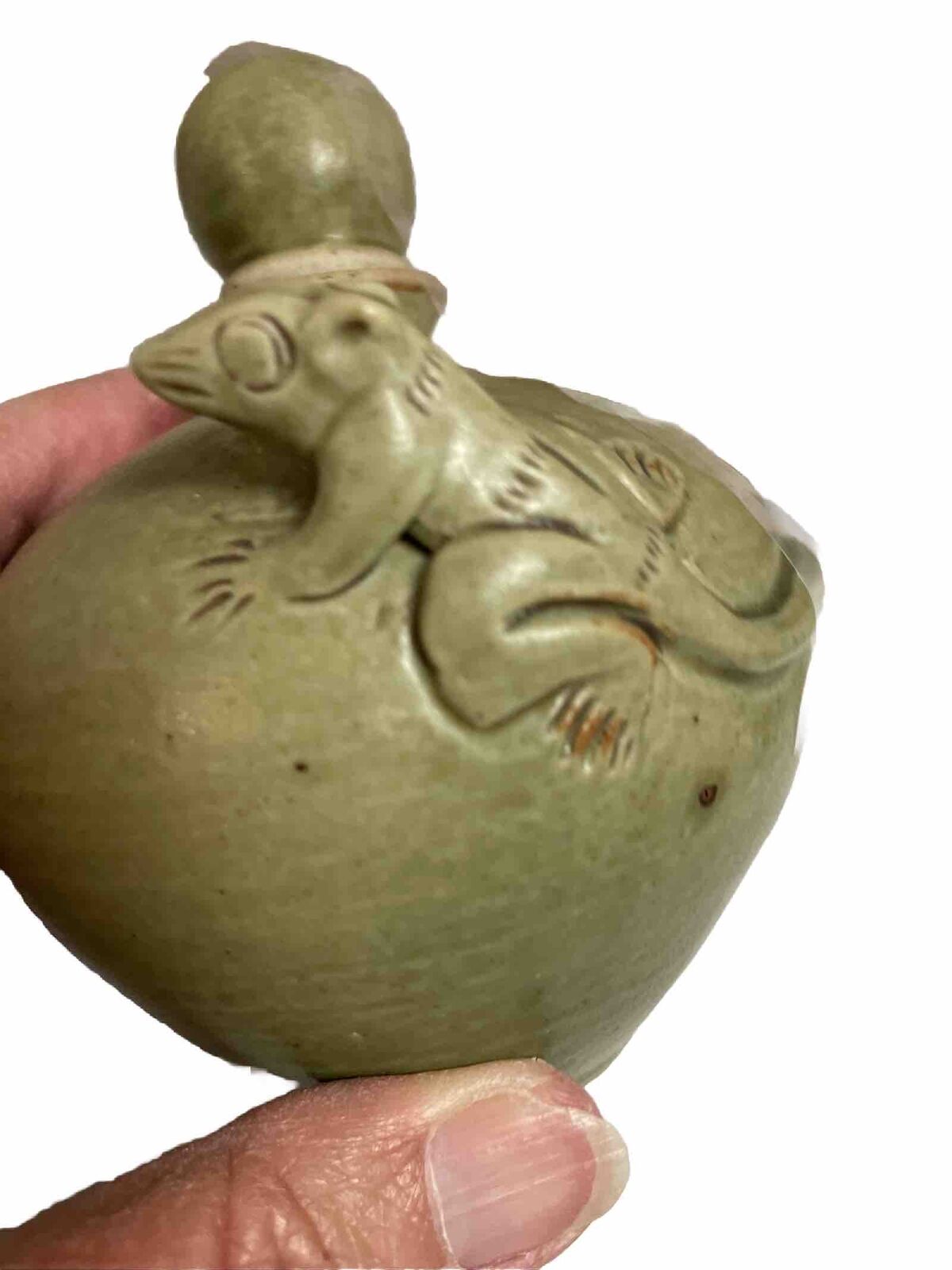 Sage Green Glazed Art pottery Ceramic Lizard Bottle With Matching Lid