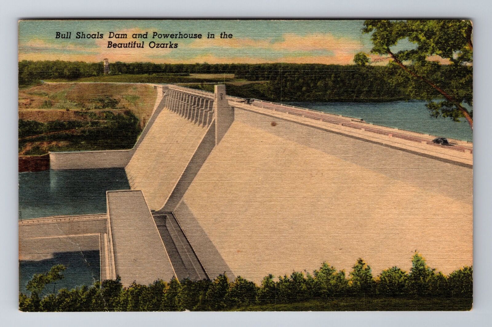 Ozarks AR-Arkansas, Aerial Bull Shoals Dam, Antique, Vintage Souvenir Postcard
