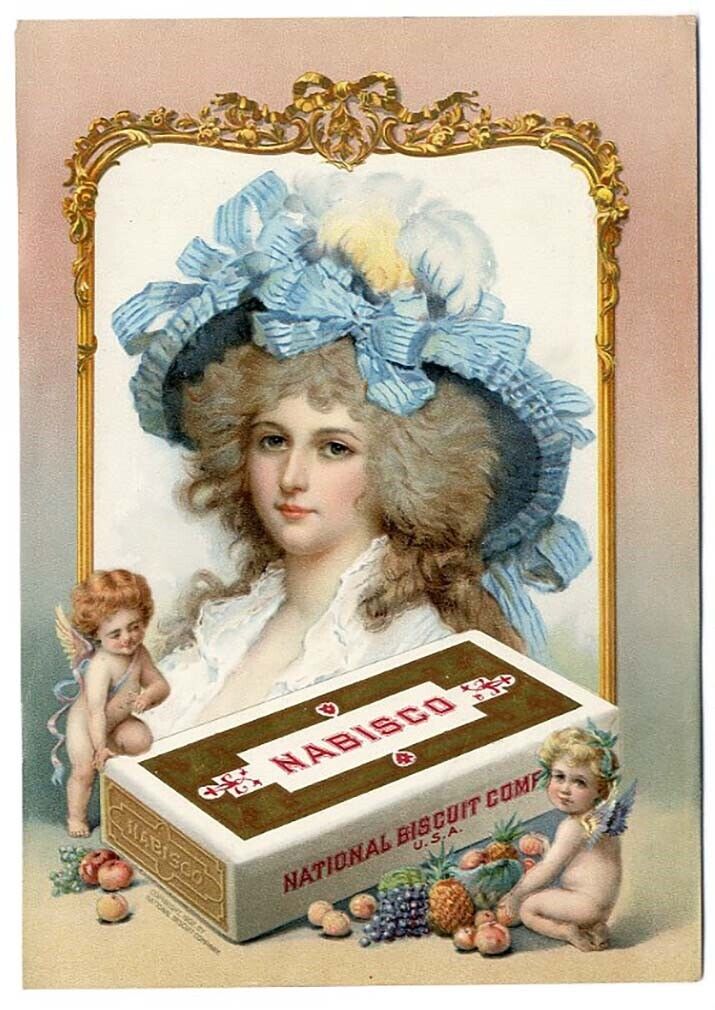 NABISCO Biscuits 1902 BEAUTIFUL WOMAN Cherubs Chromolithograph Ad Print