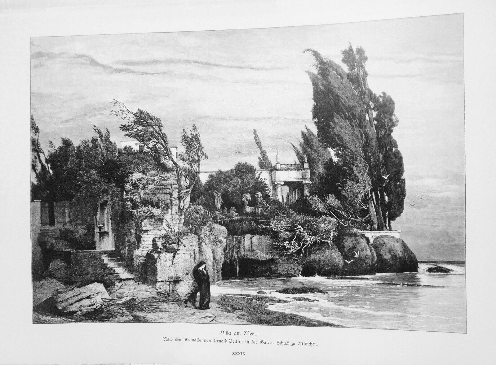 Villa am Meer, by Arnold Böcklin --  1886 - Original antique print