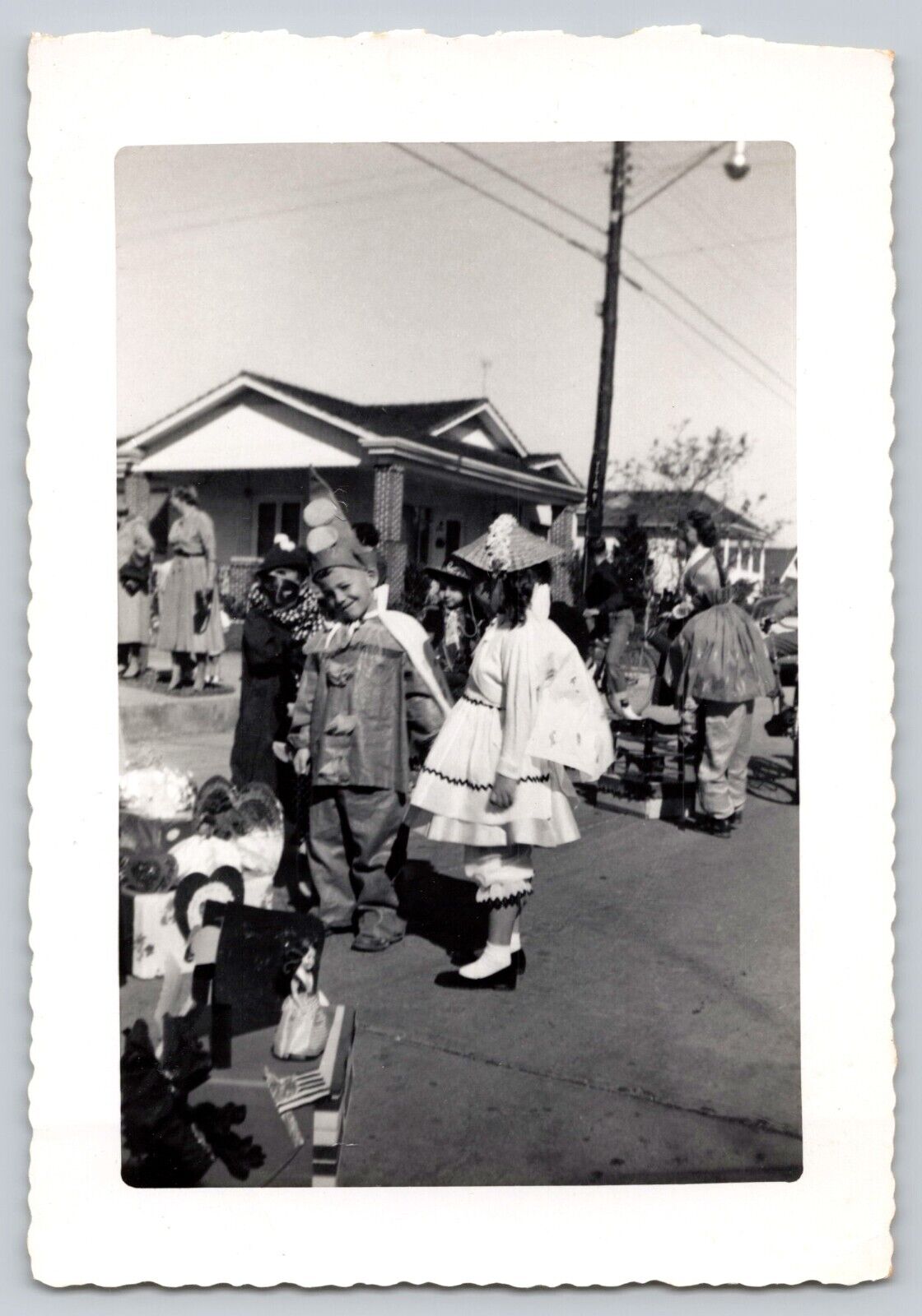 Vintage Original Photo Halloween Children Costumes On Street Clown 1949