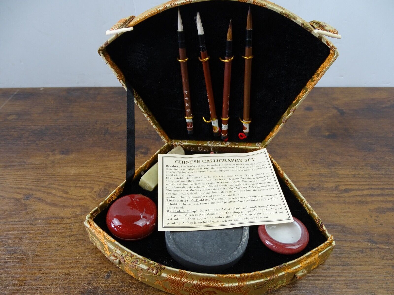 Chinese Calligraphy Box Set Brushes Ink Stick Porcelain Holder Chop DRAGON CASE