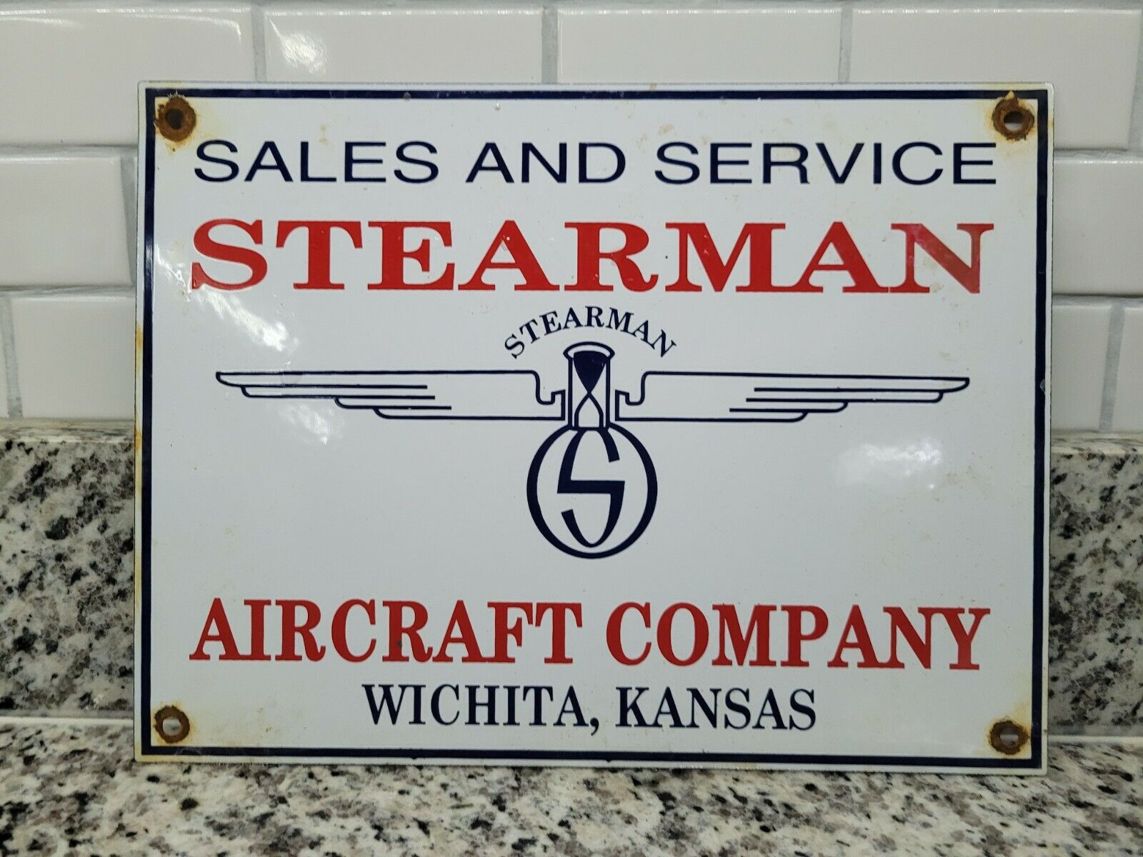 VINTAGE STEARMAN AIRCRAFT PORCELAIN SIGN AIRCRAFT SALES SERVICE KANSAS AIRPORT