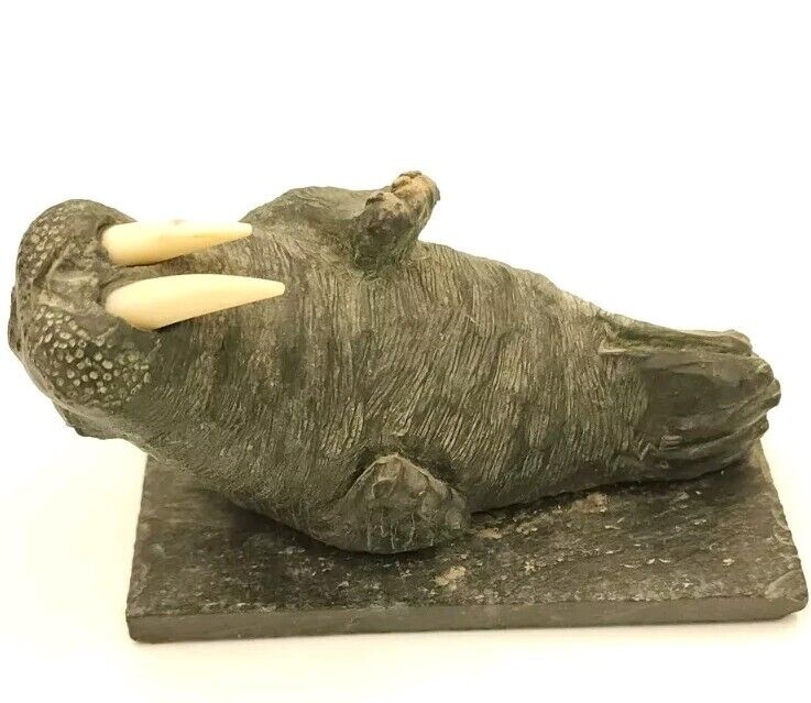 Two Wolf Original Indigenous Inuit Soapstone Tusked Walrus Sculptures  Canada 
