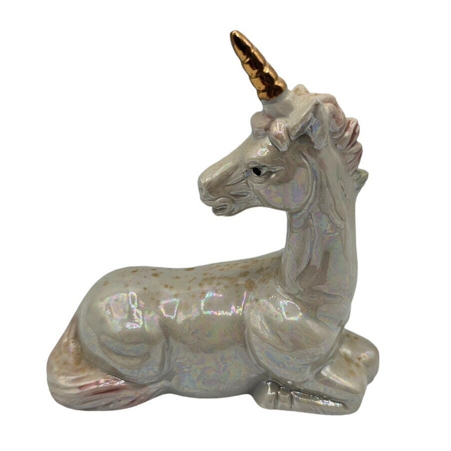 Vintage 1990s Pearlized Unicorn Figurine Ceramic Laying Down Gold Horn Male