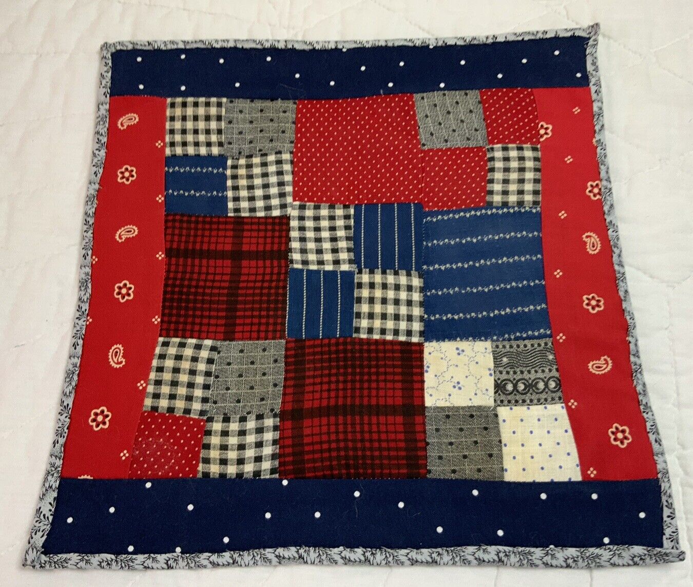 Vintage Antique Patchwork Quilt Table Topper Or Wall Hanging, Nine Patch, Multi