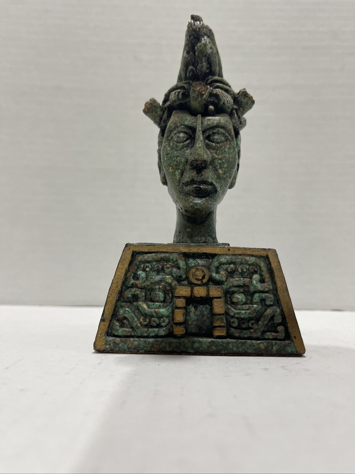 Vintage Crushed Malachite Mayan Aztec Head Bust Cabeza De Palenque Figure