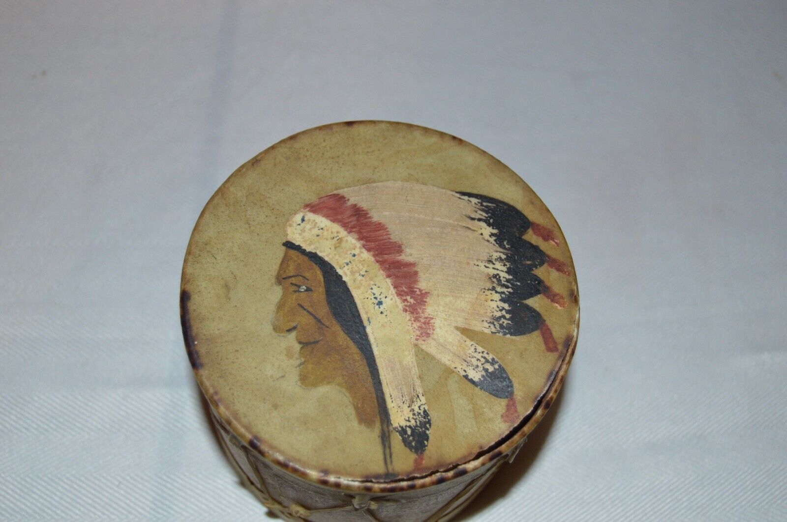 1930-40s Native American Painted Drum Sinew String Drum Skin Damaged Chief Horse