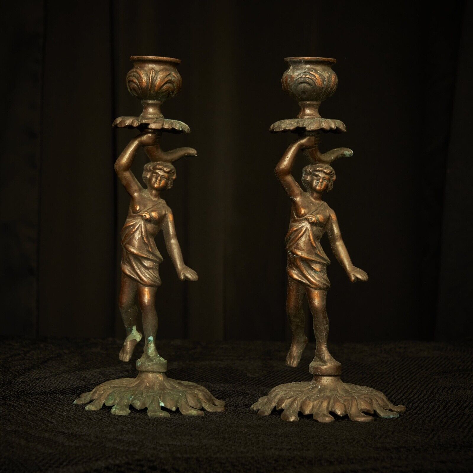 Waterbearer Girl Metal Candleholder, Vintage Belle Époque, Art Nouveau Pair